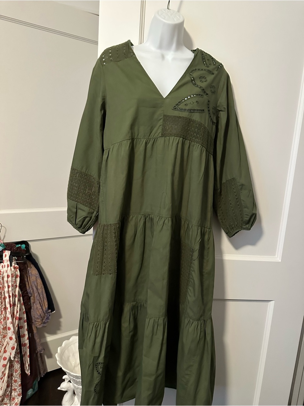 Zara Olive Green Tiered Midi Dress with Eyelet Details